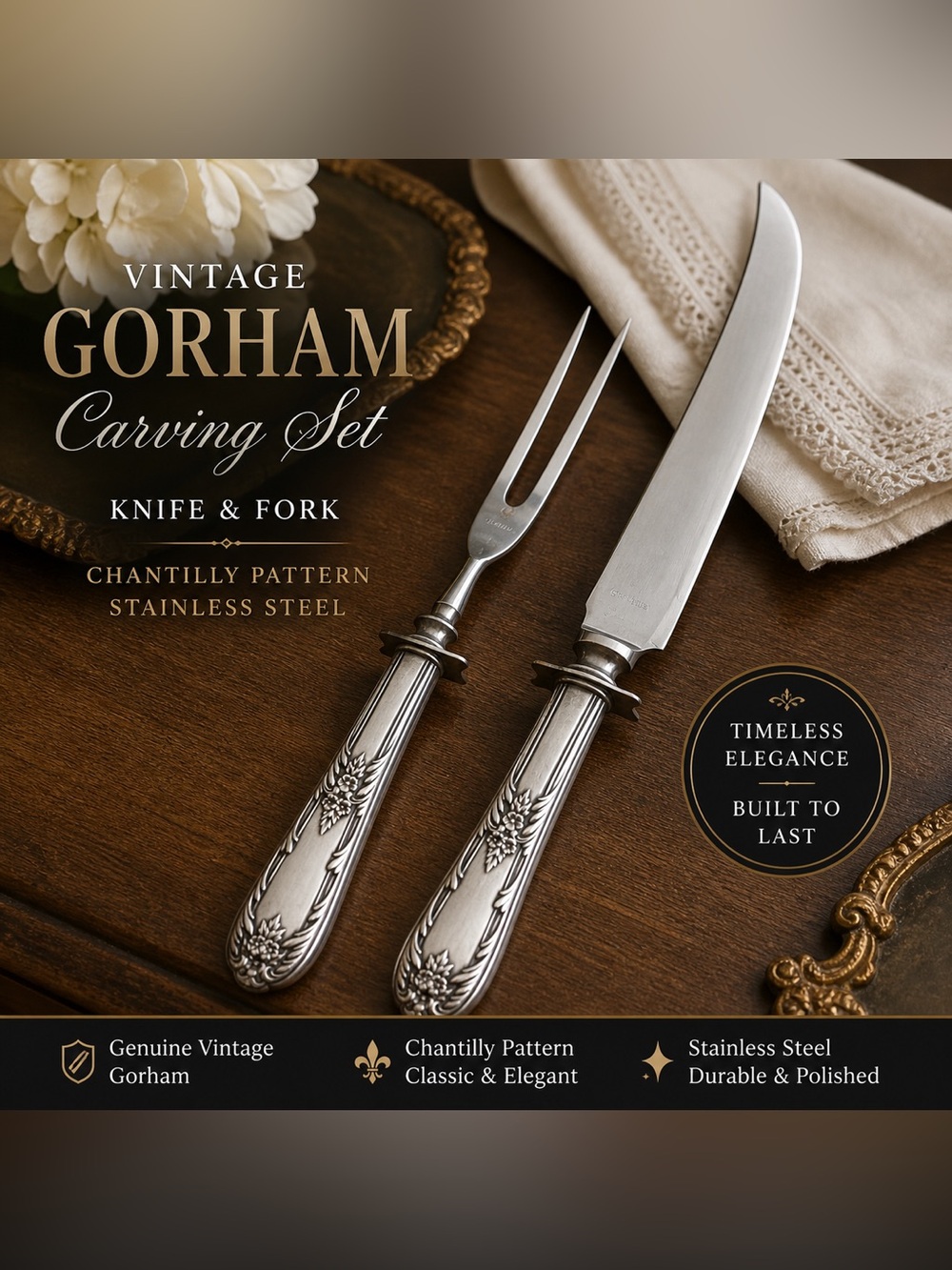 Vintage Gorham Chantilly Carving Set Knife & Fork Silver Handle Stainless Steel